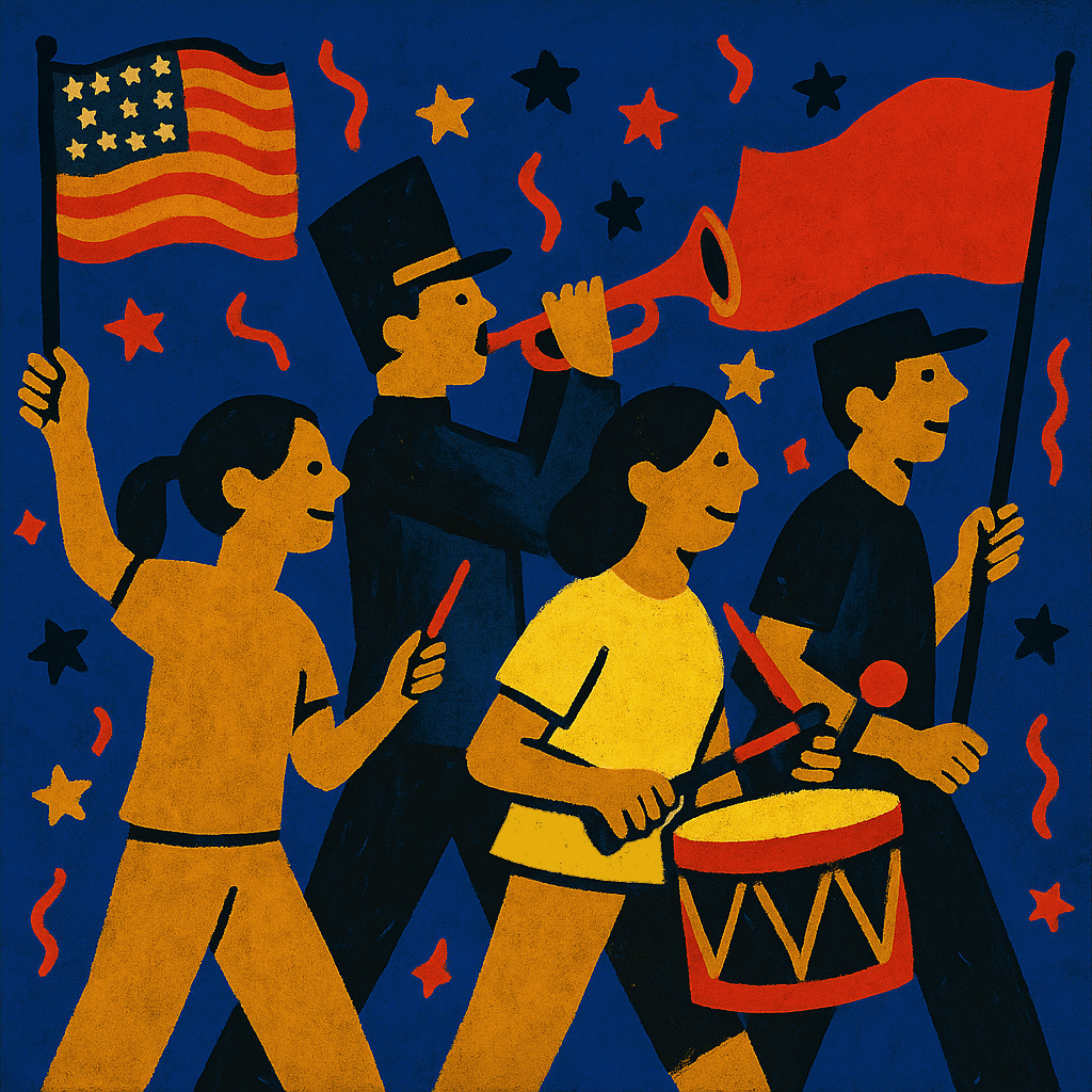 Parade marchers with flags
